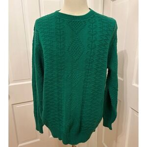 VTG 80s 90s Rowing Club Green Textured Cotton Knit Sweater Made in USA Men L